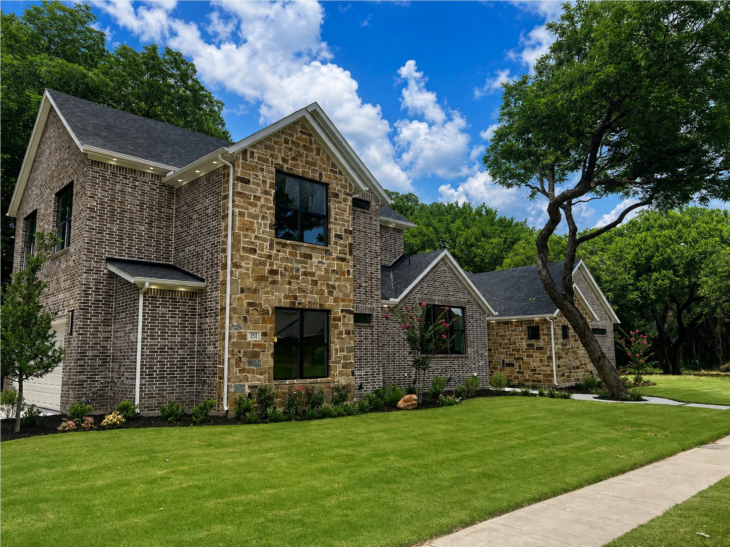 Large brick and stone home on a wooded lot